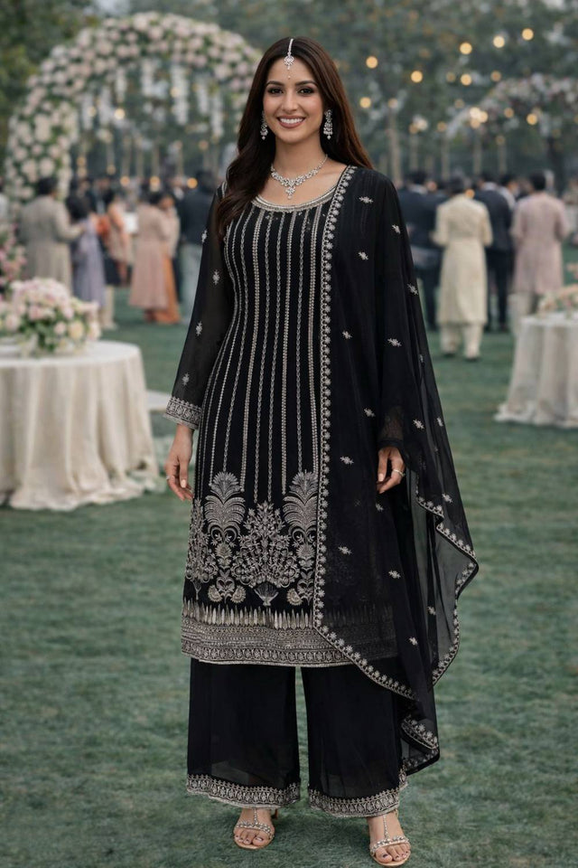 Free Size Stitched Black Floral Embroidered Georgette Palazzo Suit (ACA6995)