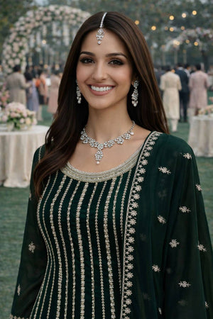 Free Size Stitched Green Floral Embroidered Georgette Palazzo Suit (ACA6996)