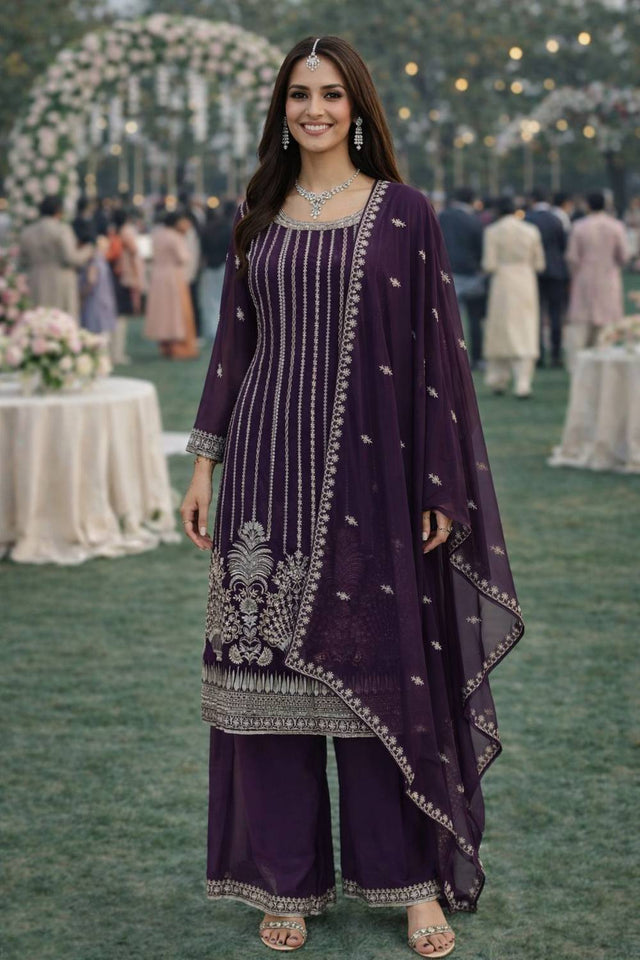Free Size Stitched Wine Floral Embroidered Georgette Palazzo Suit (ACA6997)