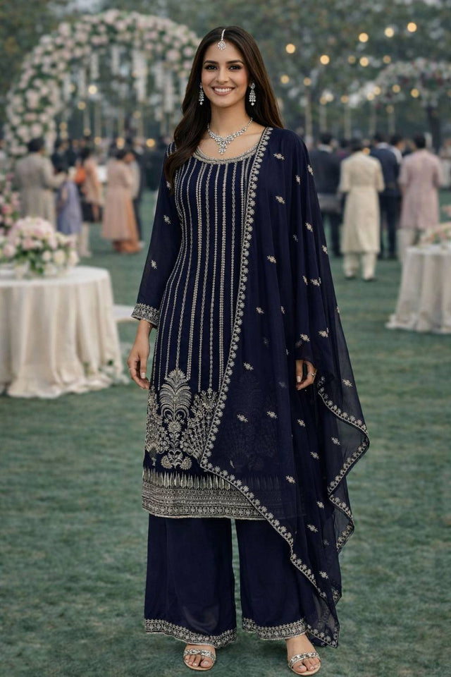 Free Size Stitched Blue Floral Embroidered Georgette Palazzo Suit (ACA6998)