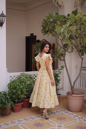 Cream Floral Embroidered Cotton Dresses (ACA6999)