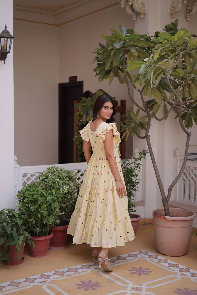 Cream Floral Embroidered Cotton Dresses (ACA6999)