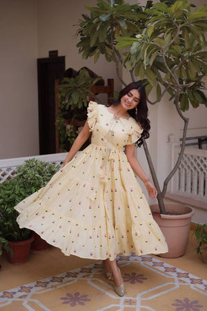 Cream Floral Embroidered Cotton Dresses (ACA6999)