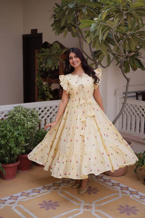 Cream Floral Embroidered Cotton Dresses (ACA6999)