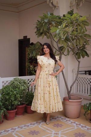 Cream Floral Embroidered Cotton Dresses (ACA6999)