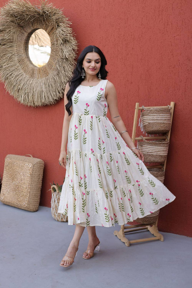 Pink Floral Printed Cotton Dresses (ACA7001)