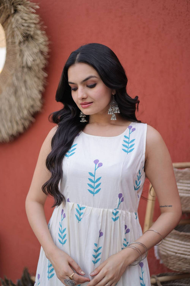 Blue Floral Printed Cotton Dresses (ACA7002)
