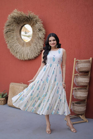 Blue Floral Printed Cotton Dresses (ACA7002)