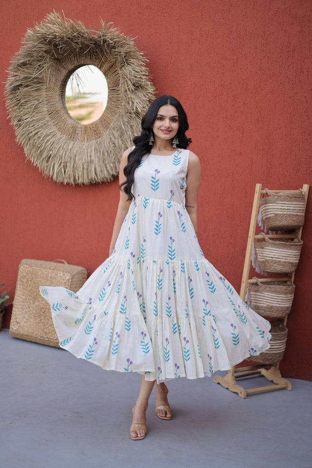 Blue Floral Printed Cotton Dresses (ACA7002)