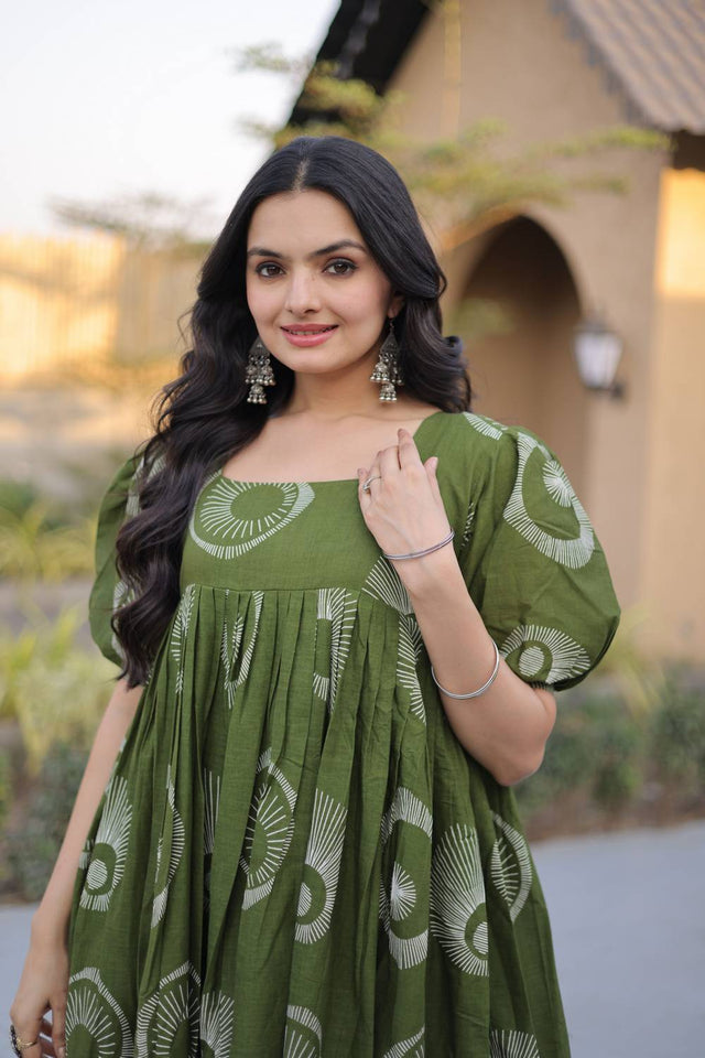 Green Printed Cotton Dresses (ACA7004)