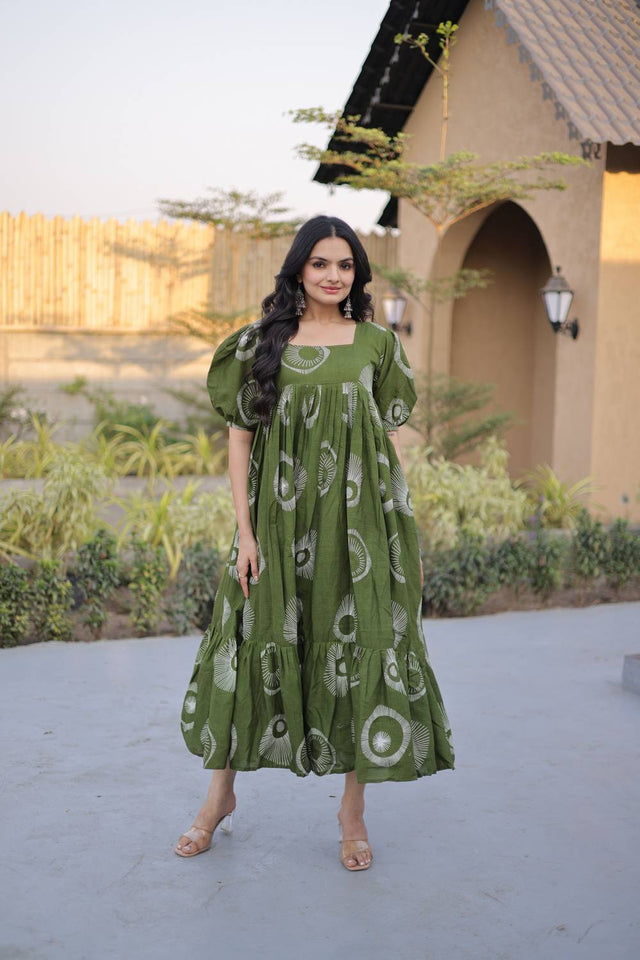 Green Printed Cotton Dresses (ACA7004)