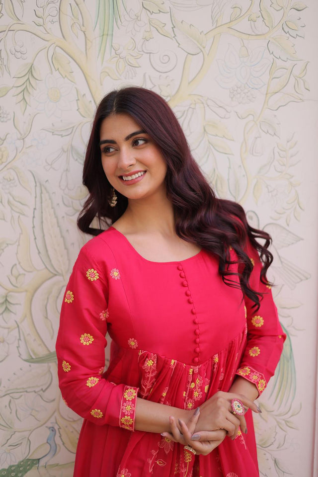 Pink Floral Embroidered Chanderi Anarkali Suits (ACA7005)