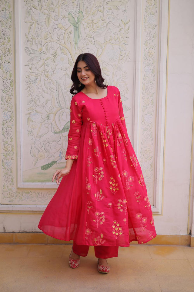 Pink Floral Embroidered Chanderi Anarkali Suits (ACA7005)