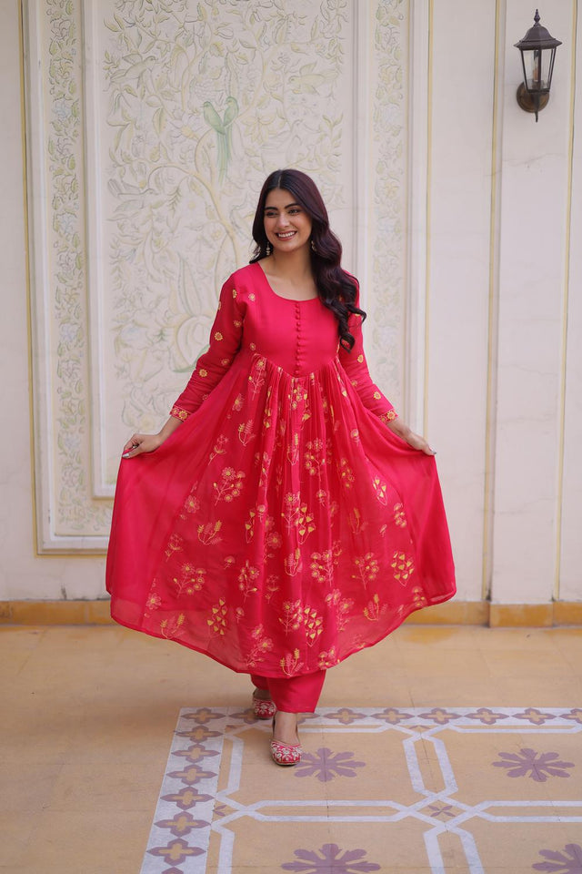 Pink Floral Embroidered Chanderi Anarkali Suits (ACA7005)