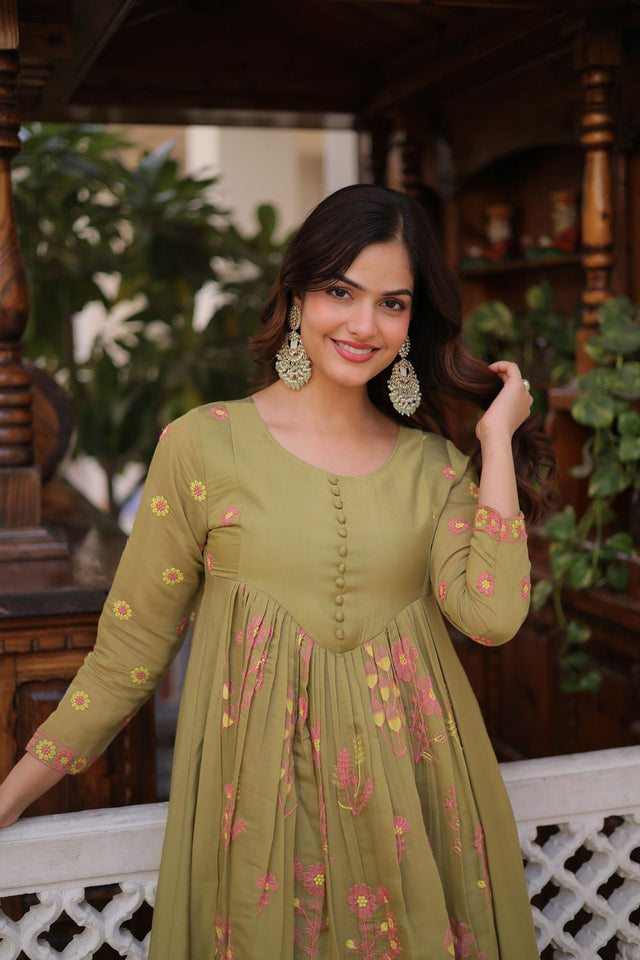 Green Floral Embroidered Chanderi Anarkali Suits (ACA7006)