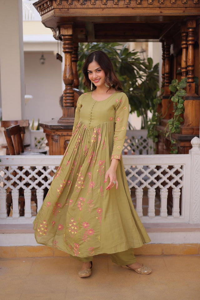 Green Floral Embroidered Chanderi Anarkali Suits (ACA7006)