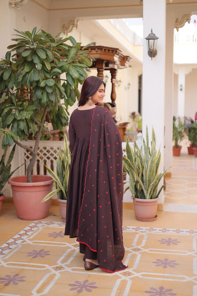 Brown Floral Embroidered Cotton Anarkali Suits (ACA7007)