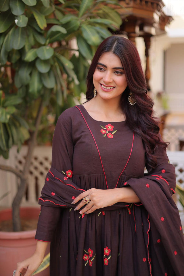 Brown Floral Embroidered Cotton Anarkali Suits (ACA7007)