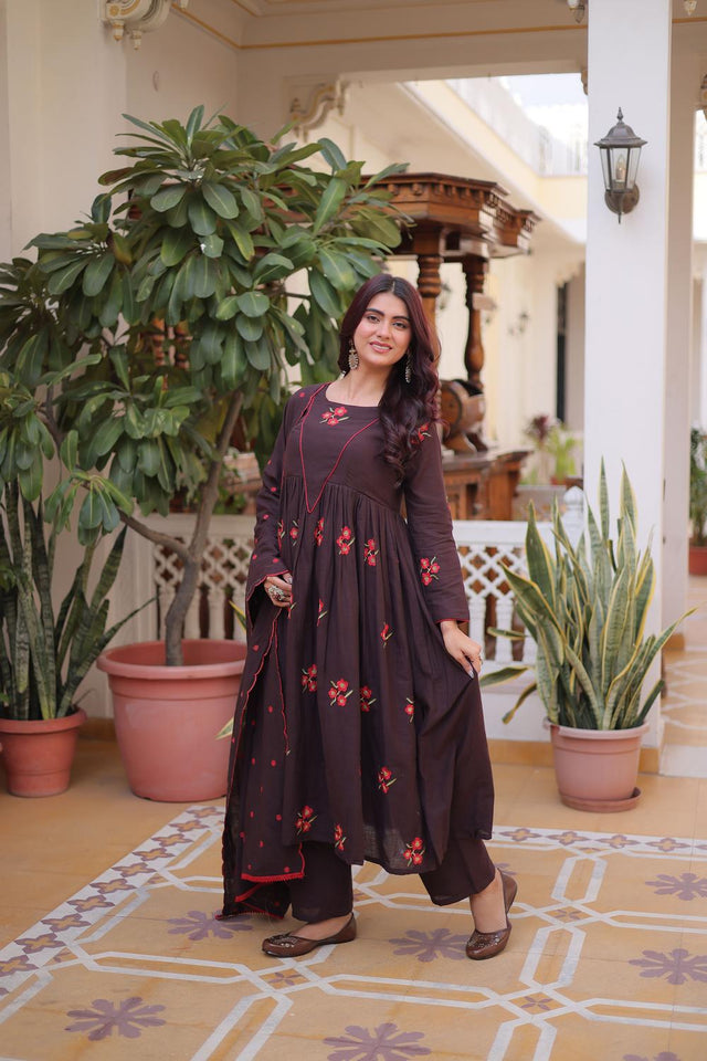 Brown Floral Embroidered Cotton Anarkali Suits (ACA7007)