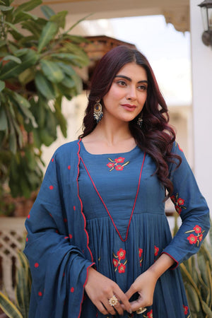 Blue Floral Embroidered Cotton Anarkali Suits (ACA7008)