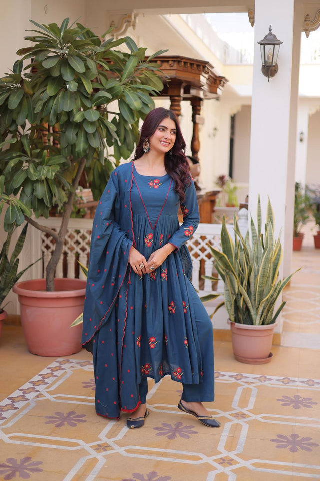 Blue Floral Embroidered Cotton Anarkali Suits (ACA7008)