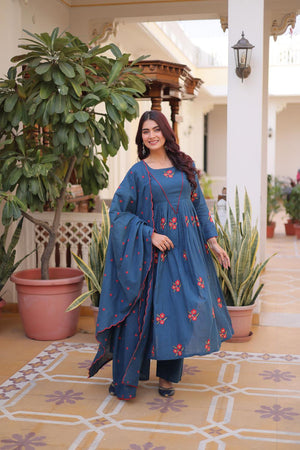 Blue Floral Embroidered Cotton Anarkali Suits (ACA7008)