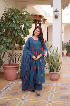Blue Floral Embroidered Cotton Anarkali Suits (ACA7008)