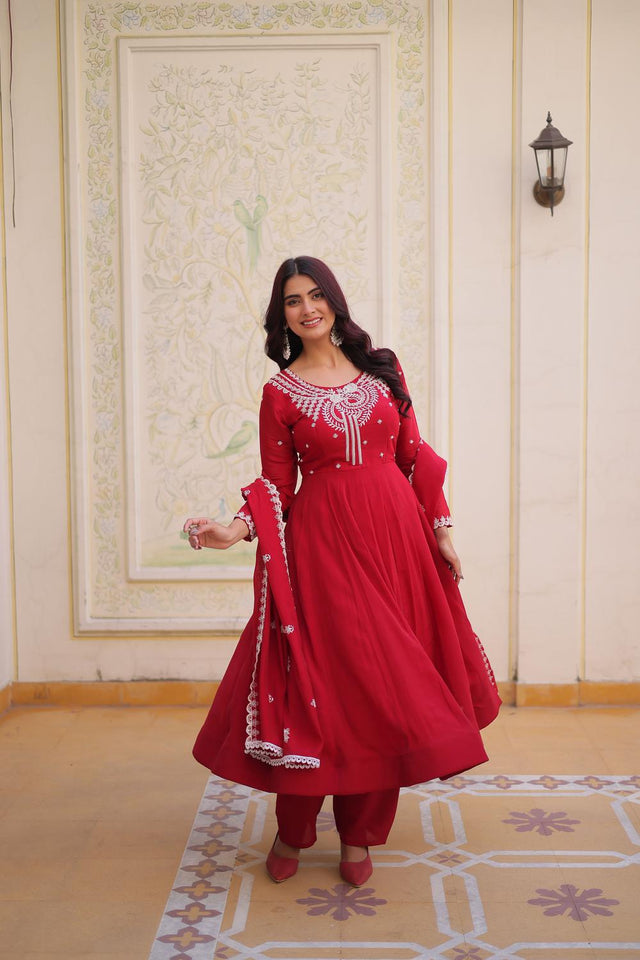 Red Floral Embroidered Chanderi Anarkali Suits (ACA7009)