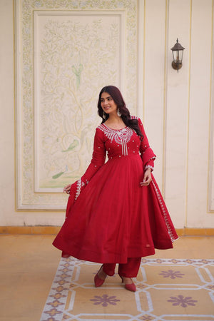 Red Floral Embroidered Chanderi Anarkali Suits (ACA7009)