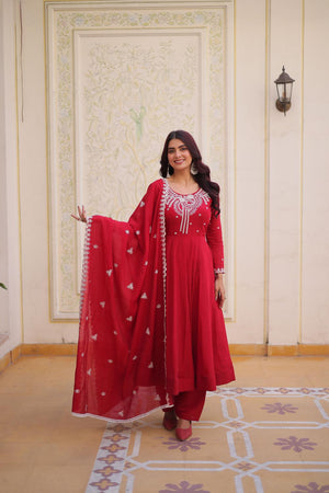 Red Floral Embroidered Chanderi Anarkali Suits (ACA7009)