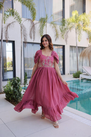 Pink Floral Embroidered Chanderi Gown (ACA7010)