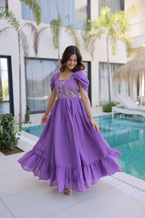 Violet Floral Embroidered Chanderi Gown (ACA7011)