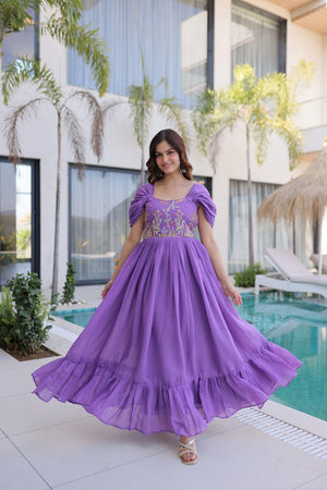 Violet Floral Embroidered Chanderi Gown (ACA7011)