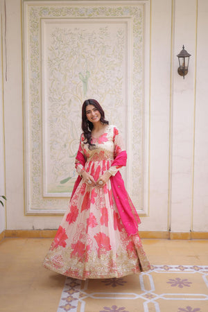 Pink Floral Printed Silk Gown (ACA7012)