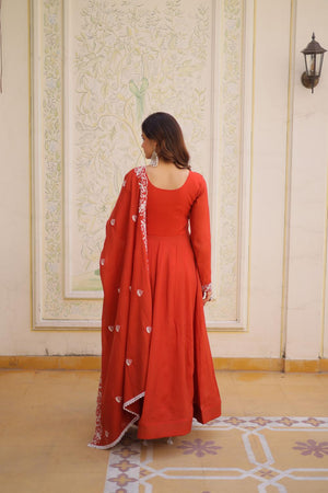 Rust Floral Embroidered Chanderi Gown (ACA7013)