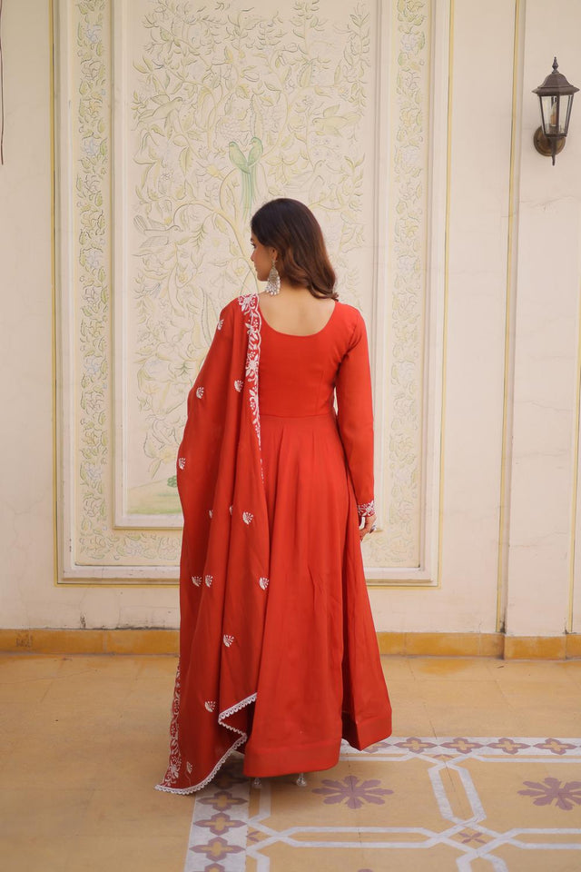 Rust Floral Embroidered Chanderi Gown (ACA7013)