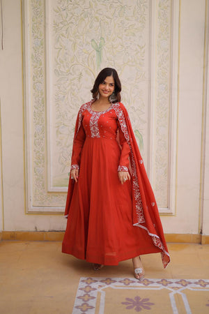 Rust Floral Embroidered Chanderi Gown (ACA7013)