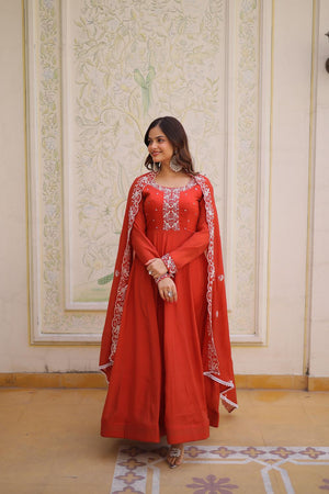 Rust Floral Embroidered Chanderi Gown (ACA7013)