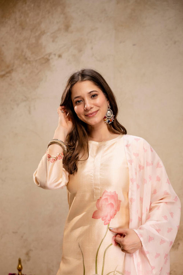Cream Floral Printed Silk Kurti Pant Set (ACA7024)