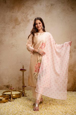 Cream Floral Printed Silk Kurti Pant Set (ACA7024)