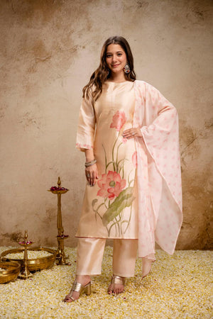 Cream Floral Printed Silk Kurti Pant Set (ACA7024)