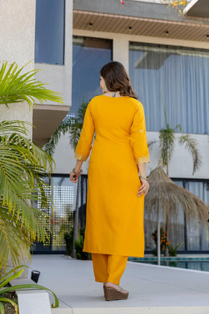 Yellow Embroidered Chanderi Kurti Pant Set (ACA7026)
