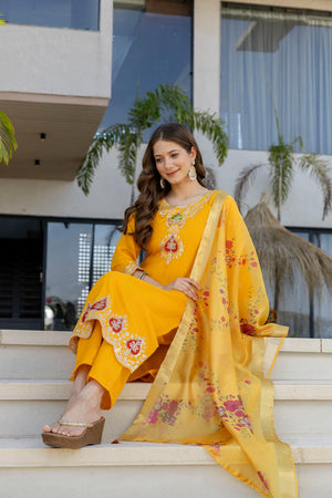 Yellow Embroidered Chanderi Kurti Pant Set (ACA7026)