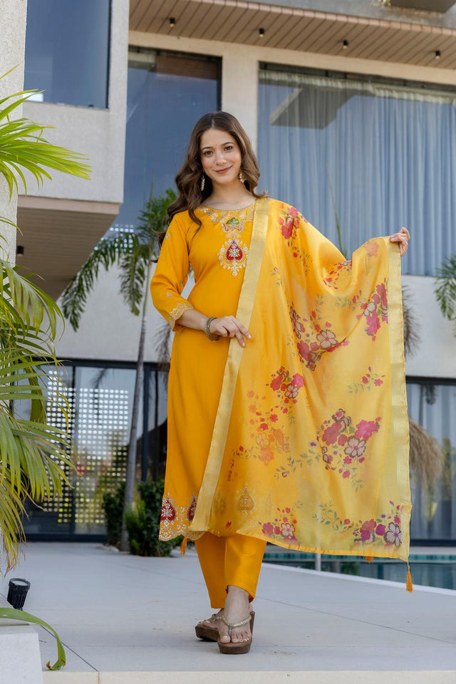 Yellow Embroidered Chanderi Kurti Pant Set (ACA7026)