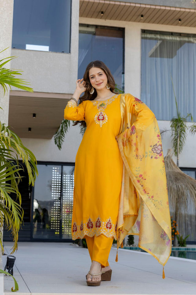 Yellow Embroidered Chanderi Kurti Pant Set (ACA7026)