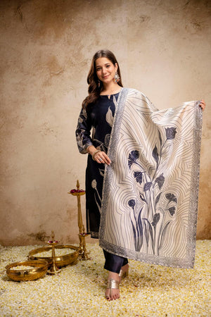 Black Printed Silk Kurti Pant Set (ACA7027)