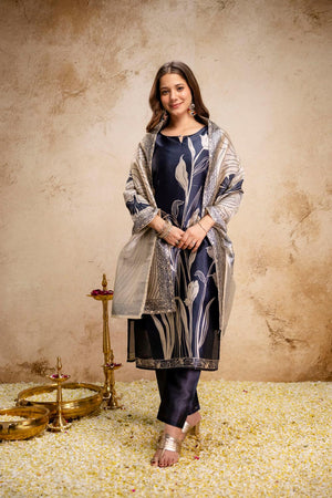 Black Printed Silk Kurti Pant Set (ACA7027)