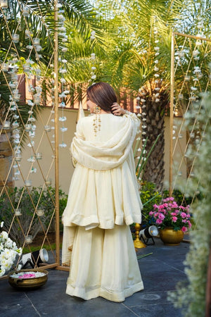 Cream Mirror Embroidered Chinon Sharara Suits (ACA7028)
