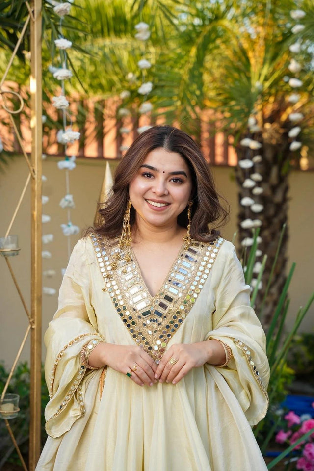 Cream Mirror Embroidered Chinon Sharara Suits (ACA7028)