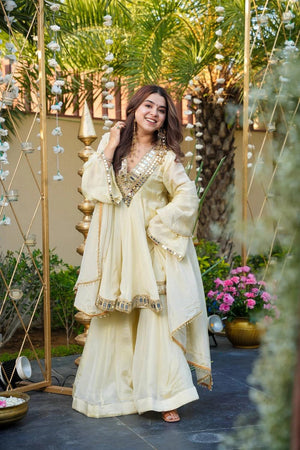 Cream Mirror Embroidered Chinon Sharara Suits (ACA7028)